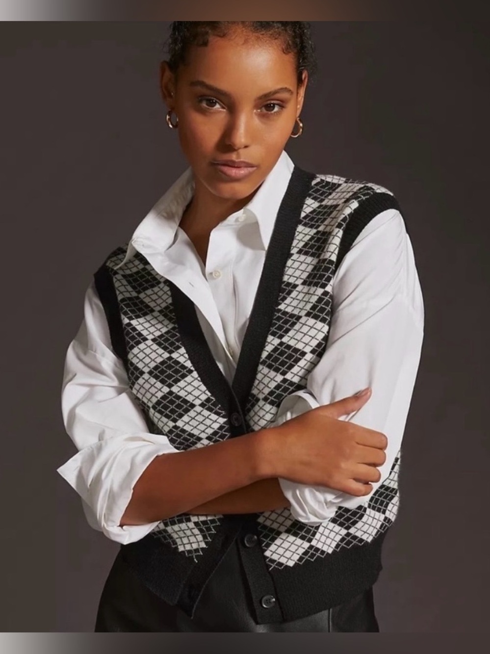 Maeve Anthropologie Dera Argyle Sweater Vest Black White Size Large